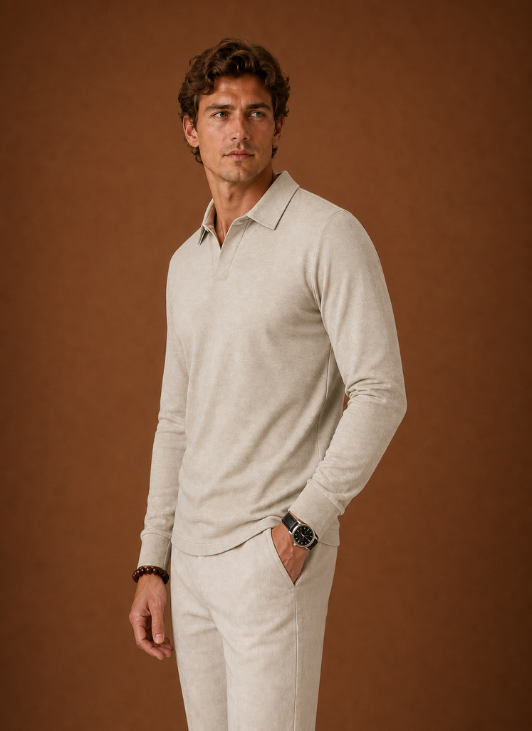 Side view of men's polo shirt displaying sleeve silhouette and straight hem in grey