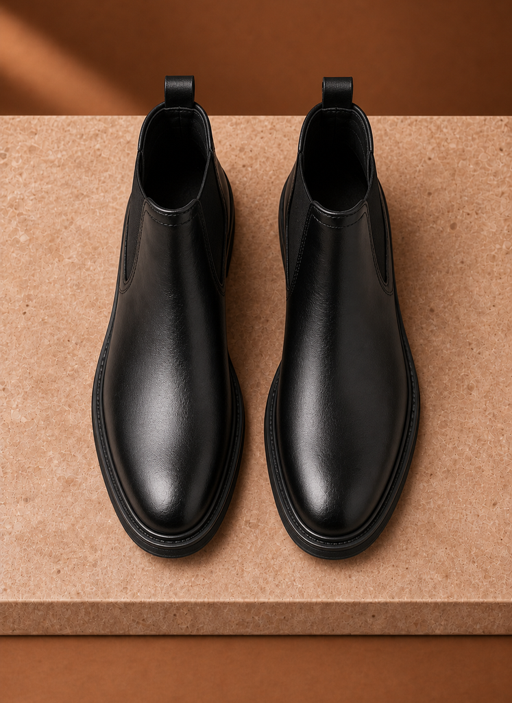 Rear view of Areleon men's Chelsea boot showing pull tab and heel profile