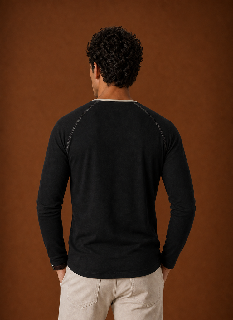 Back view of a men's Henley shirt with plain back detail