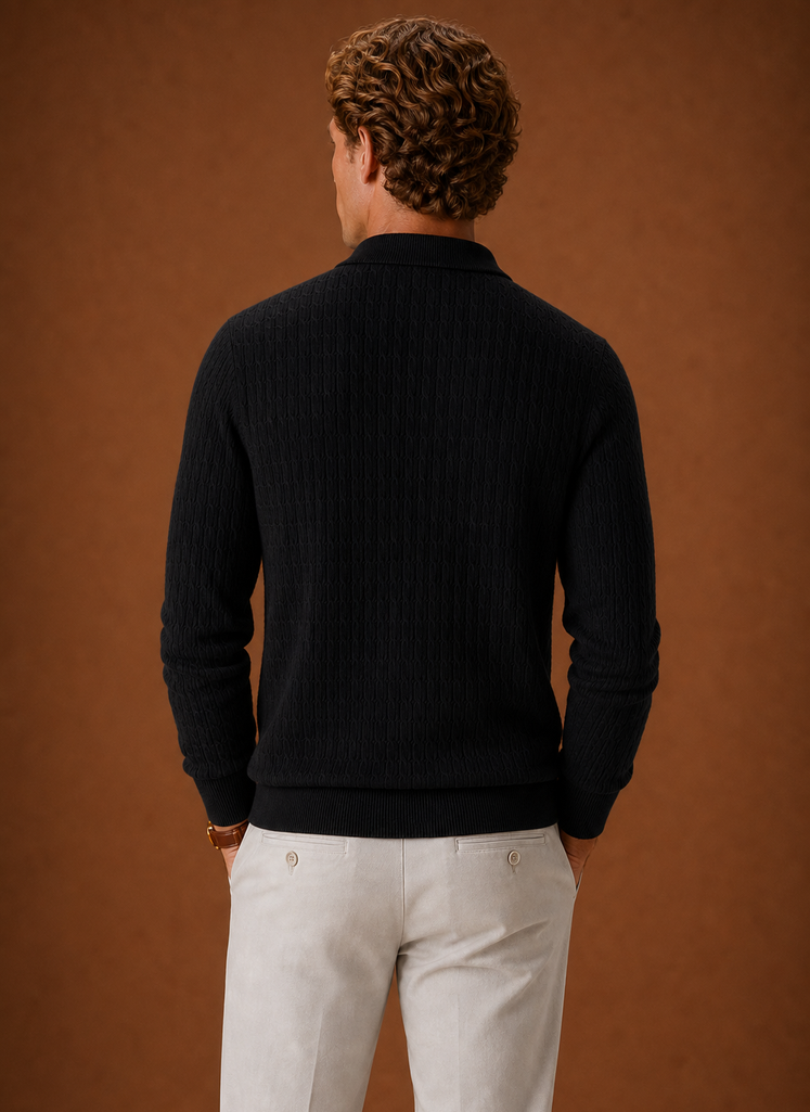 Back view of men's oversized ribbed pullover with clean, unbroken knit back