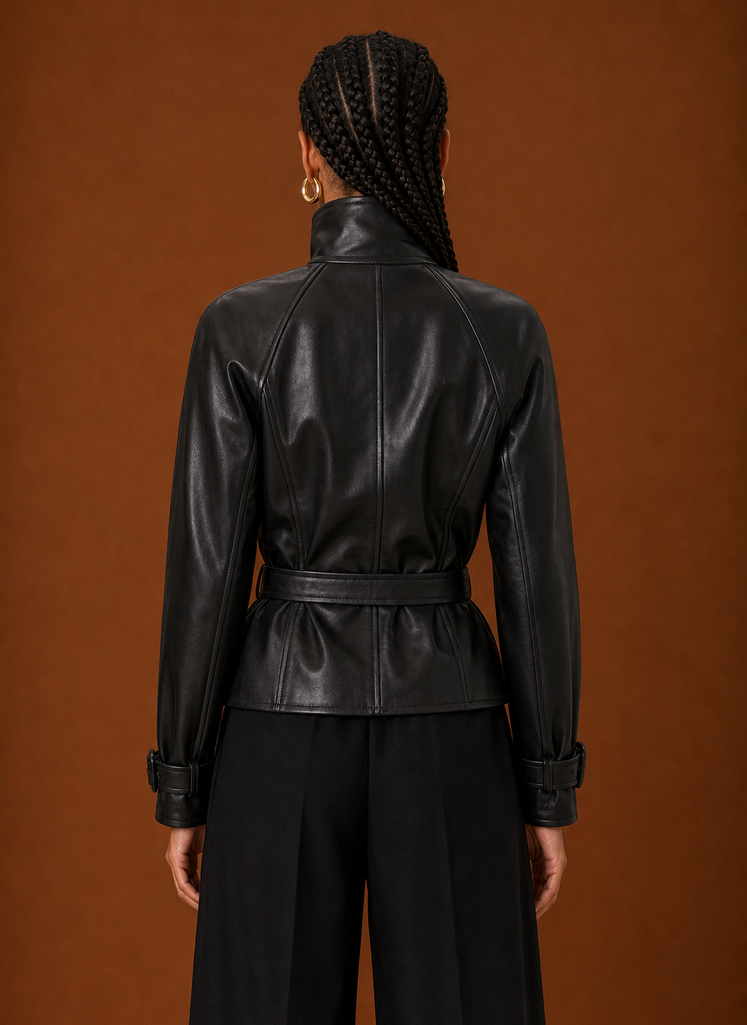 Back view of Areleon women's jacket in black showing clean back silhouette and hip-length cut