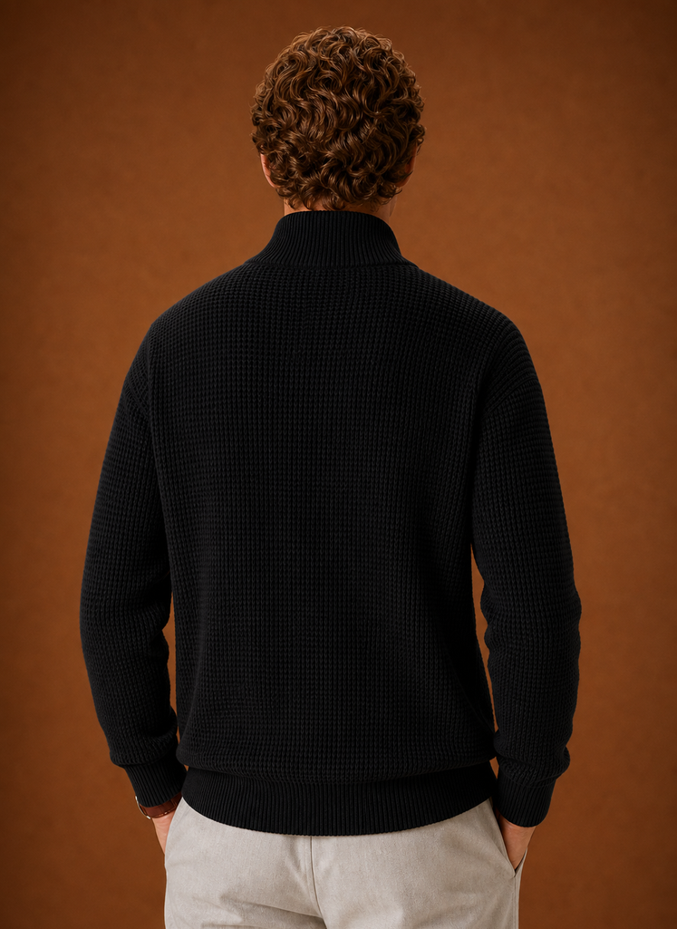 Back view of Areleon men's knit cardigan on a mannequin