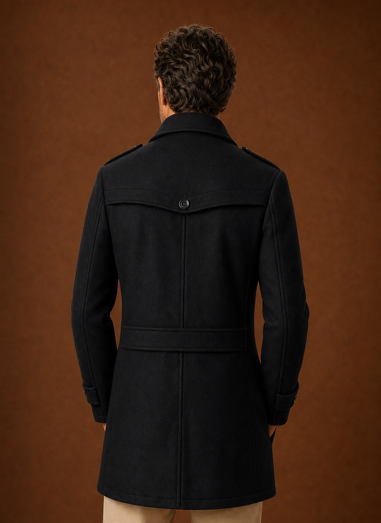 Back view of men's long coat showing clean, full-length design
