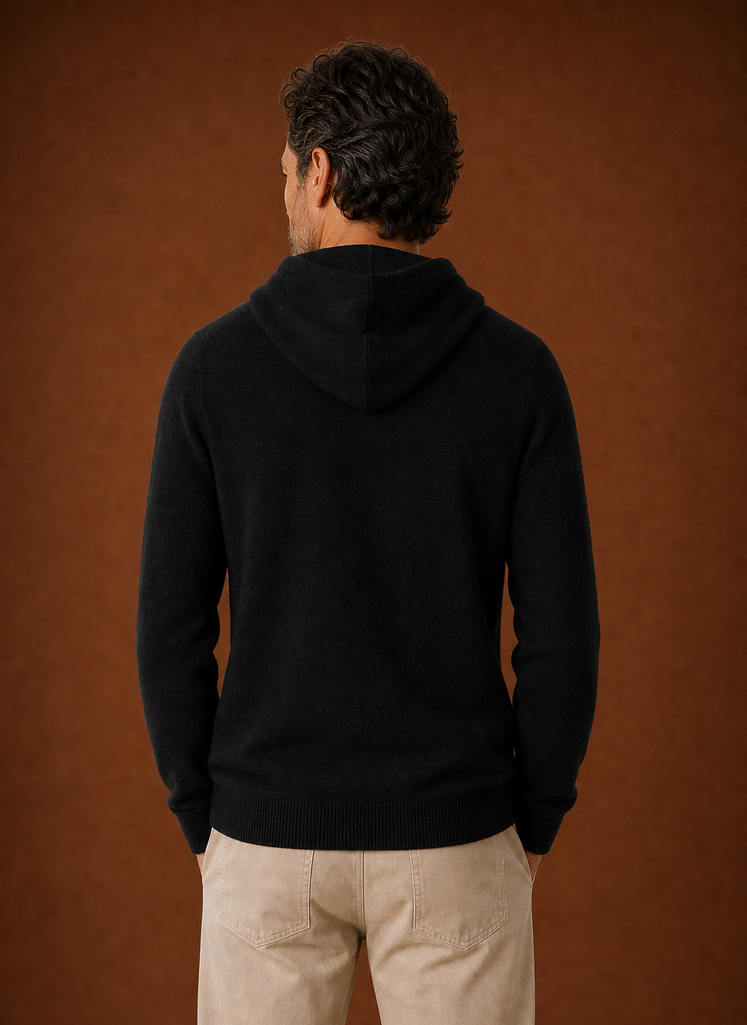 Back view of Areleon men's knitted hooded pullover with hood raised