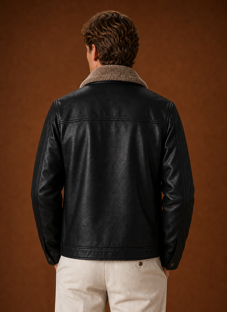 Back view of men's casual jacket showing back panel and hem