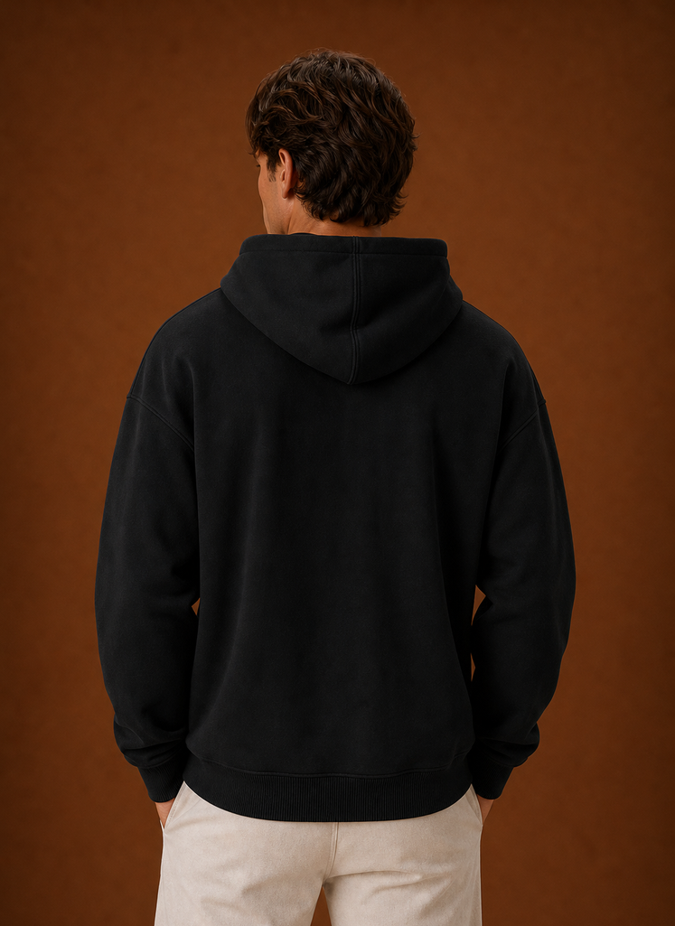 Back view of the hoodie showing the hood and shoulder line
