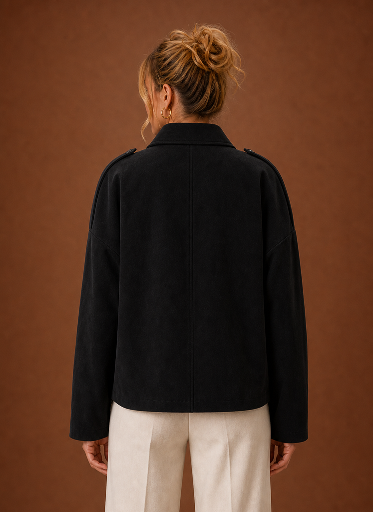 Back view of the Areleon women's oversized jacket highlighting boxy silhouette
