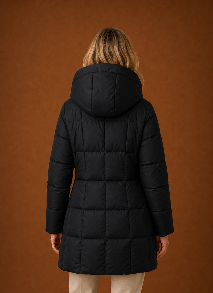 Back view of women's long hooded puffer coat highlighting quilted construction