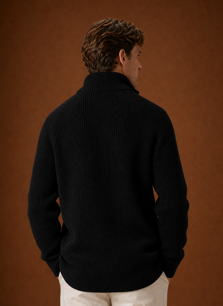 Back view of a men's ribbed knit cardigan displaying the ribbed texture