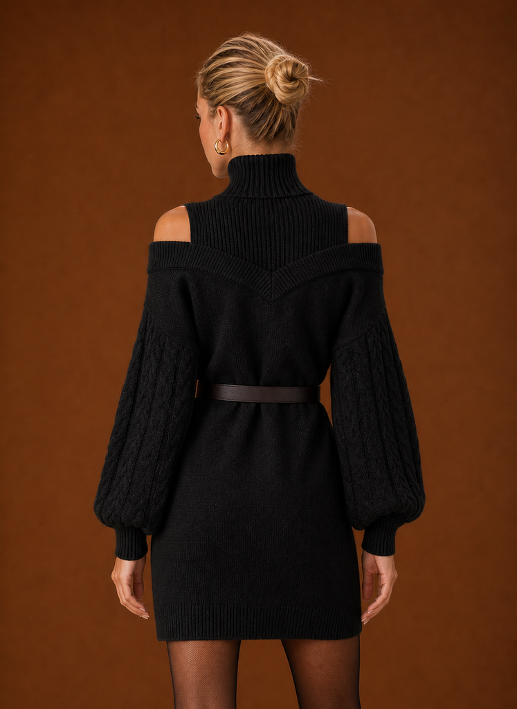 Back view of Areleon women's sweater dress in light grey with smooth knit finish