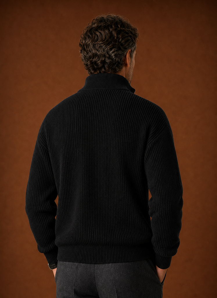 Back view of Areleon men's quarter zip sweater in brown showing ribbed texture and straight hem