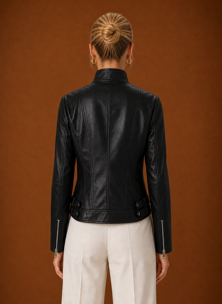 Back view of women's moto jacket showing smooth lines and a neat hem