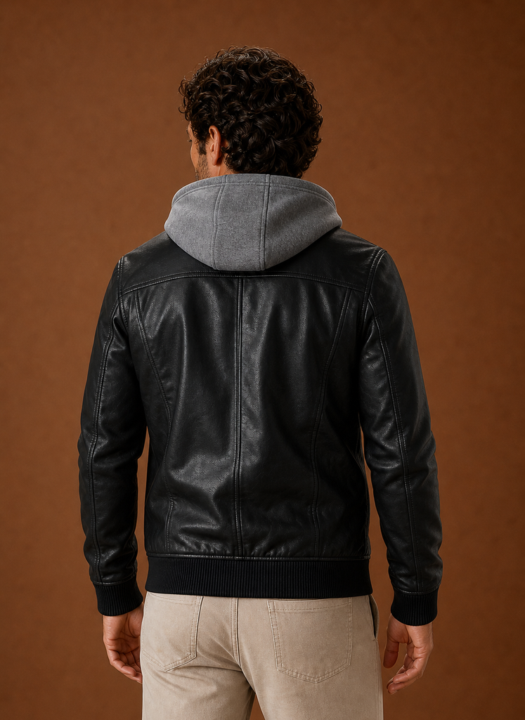 Back view of the men's moto jacket showing a smooth back panel and fitted cut