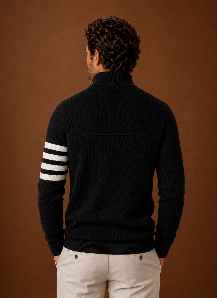 Back view of the striped half-zip sweater showing the full stripe pattern