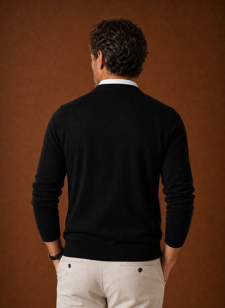 Back view of men's V-neck knit sweater in red