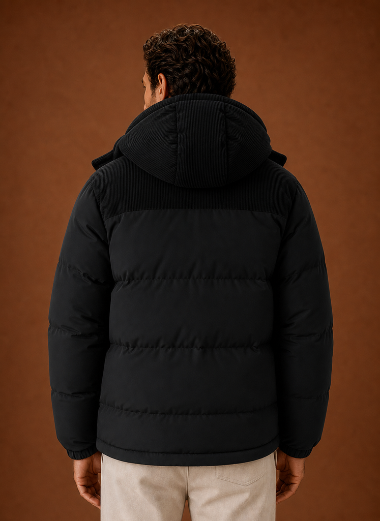 Back view of men's quilted puffer jacket with streamlined silhouette