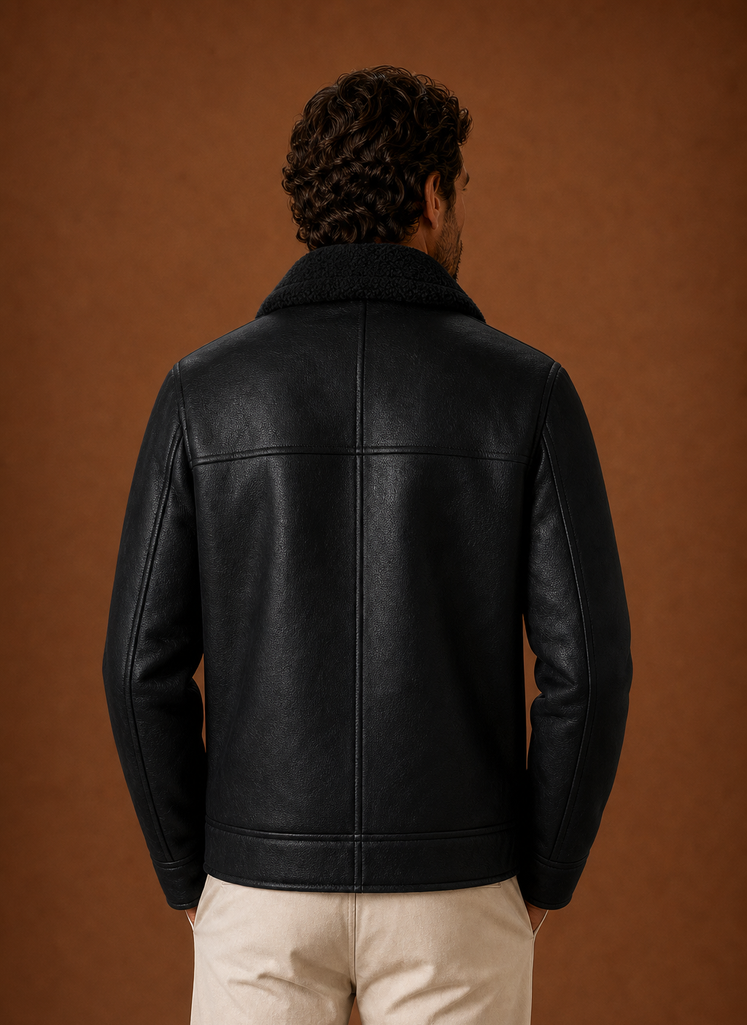Back view of men's winter coat showing streamlined fit and extended length