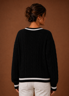 Back view of sweater showing cable knit pattern and hemline