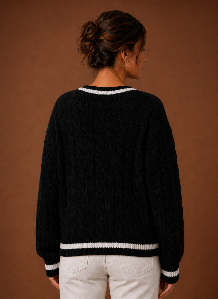Back view of sweater showing cable knit pattern and hemline