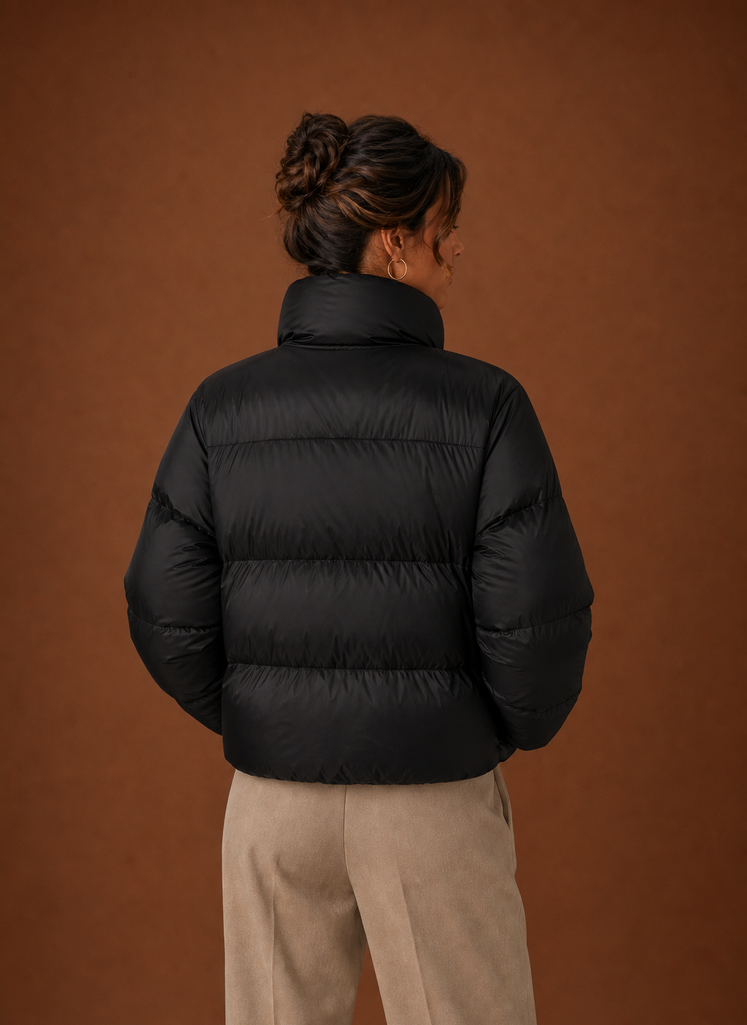 Back view of Areleon women's puffer jacket in chocolate brown