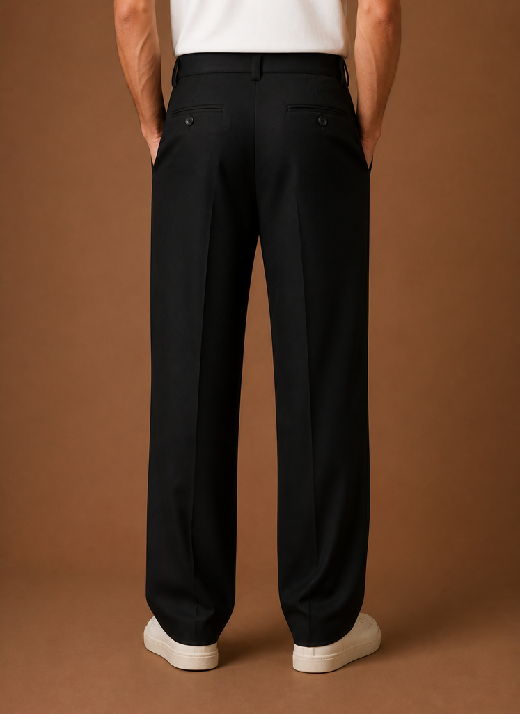 Back view of men's black crewneck pullover showing smooth back and hem