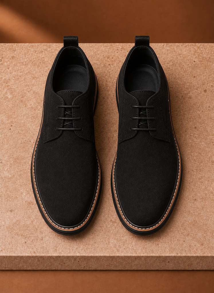 Rear view of a black men's derby dress shoe showing the heel and counter