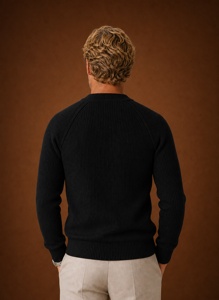 Back view of men's ribbed henley shirt showing clean ribbed texture