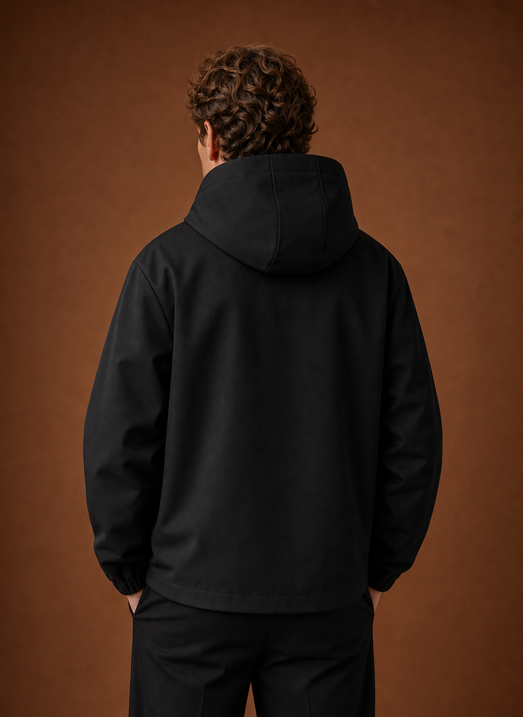 Back view of a men's black hooded windbreaker jacket with hood up