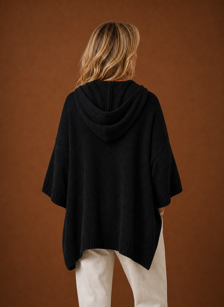 Back view showing hood and straight hem of the pullover