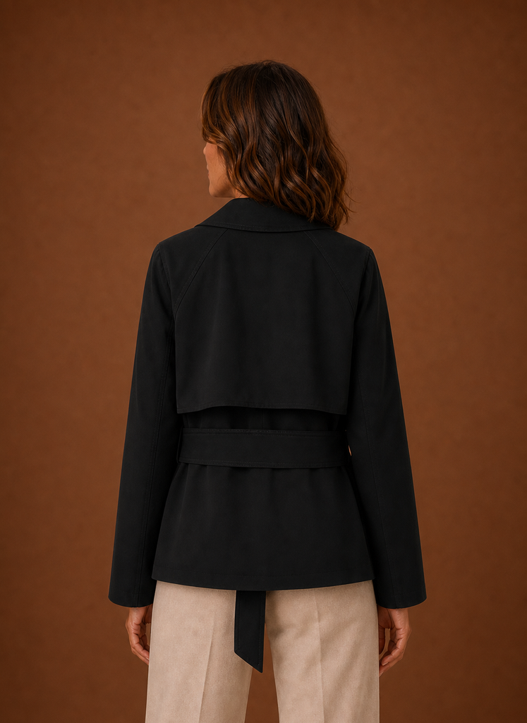 Back view of women's belted trench jacket with belt across the waist