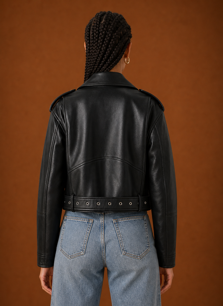 Back view of the Areleon women's moto jacket highlighting the clean lines