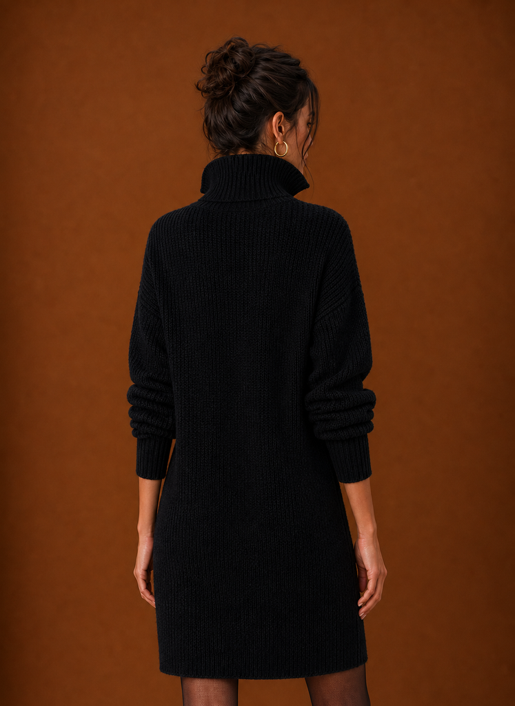 Back view of women's sweater dress showing pullover construction and clean lines