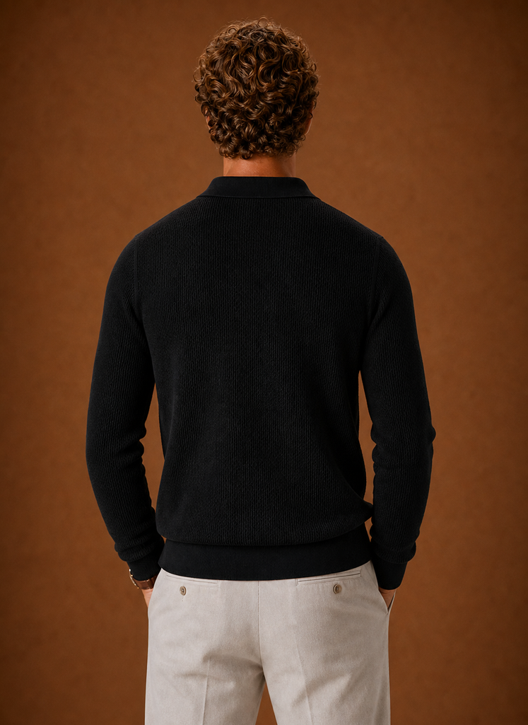 Back view of Areleon men's textured knit polo sweater showing knit texture and hem