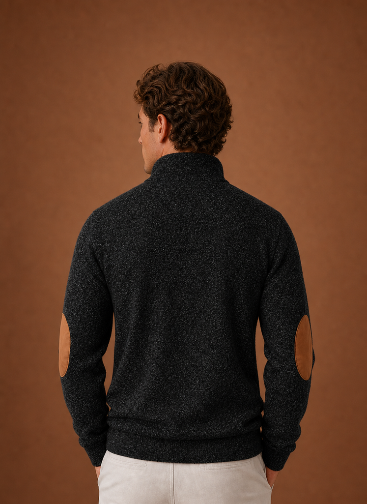 Back view of the mock neck pullover showing a clean straight hem