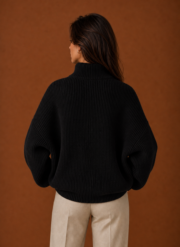 Back view of the women's quarter-zip sweater showing the smooth back and hem