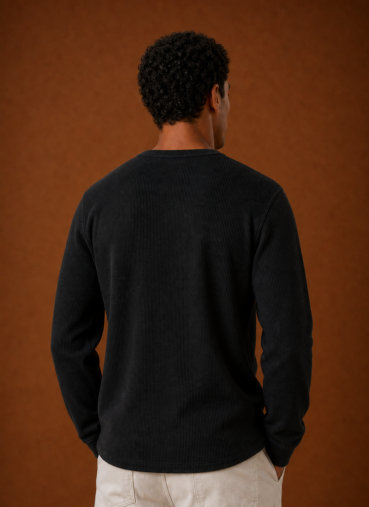 Back view of men's waffle knit Henley shirt showing knit texture and clean hem