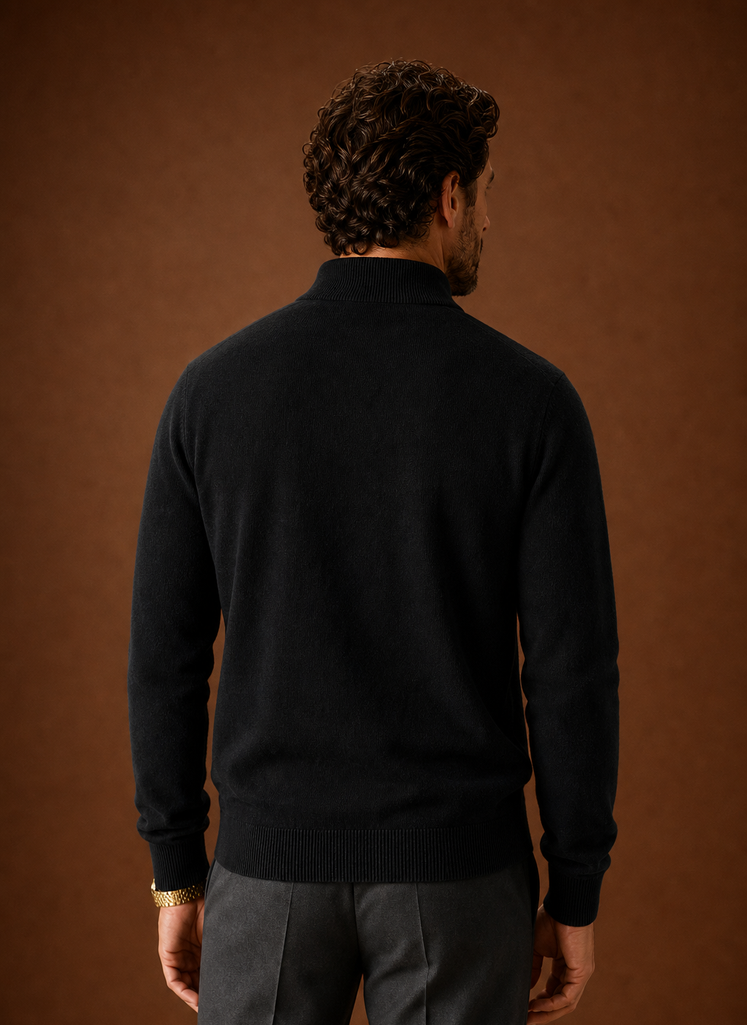 Back view of the mock neck sweater showing a clean hem and fit