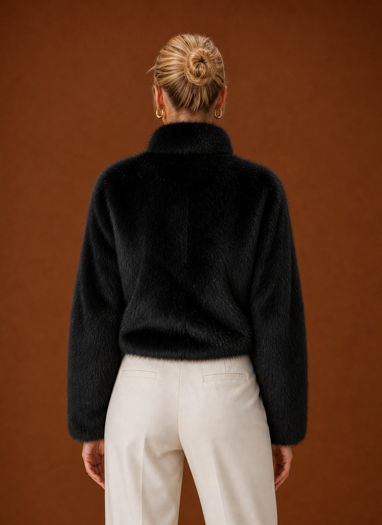 Back view of Areleon women's faux fur jacket showing full coverage and hemline