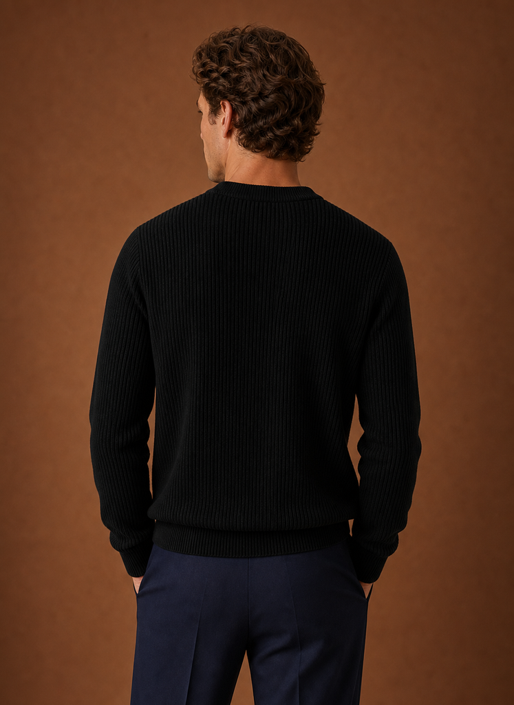 Back view of men's ribbed crew neck sweater with clean silhouette