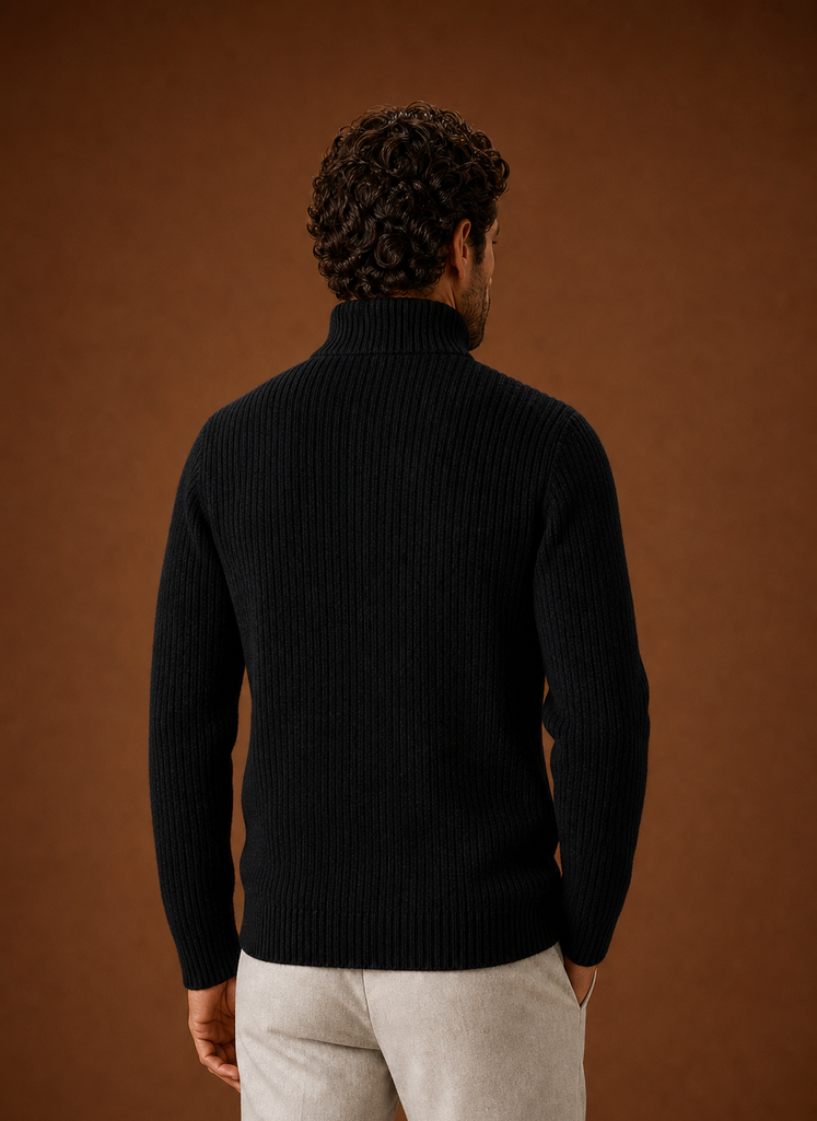 Back view of Areleon men's ribbed knit full zip sweater