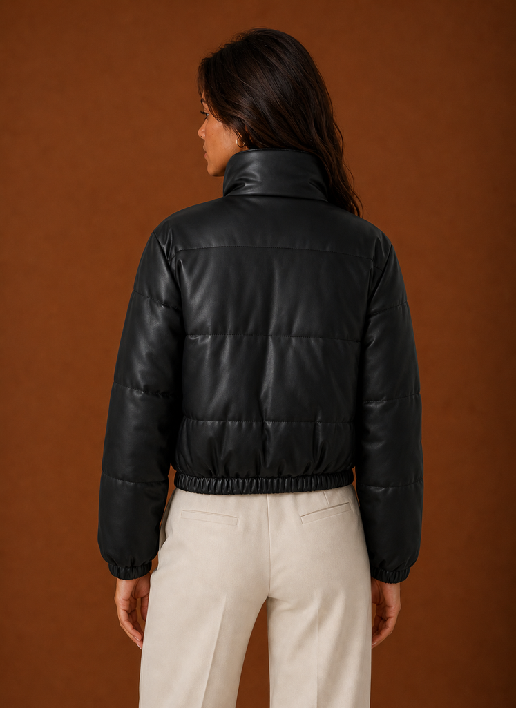 Back view of the women's bomber jacket showing clean lines and straight hem