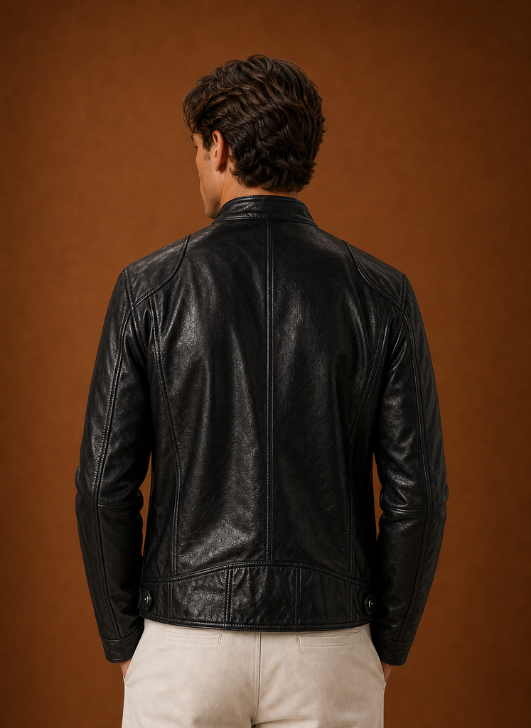 Back view of men's moto jacket showing streamlined silhouette