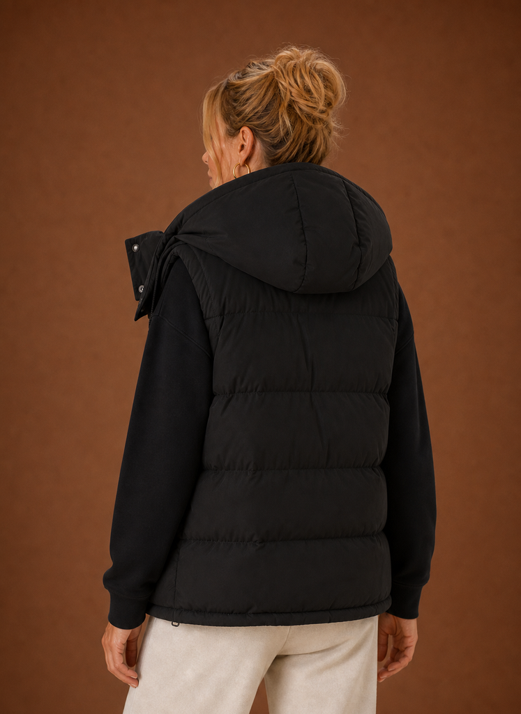 Back view highlighting the sleeveless puffer vest's quilted back