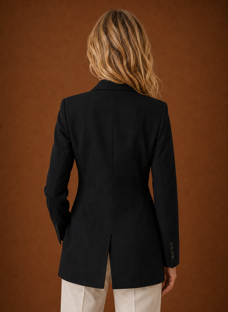 Back view of women's blazer showing streamlined construction and length