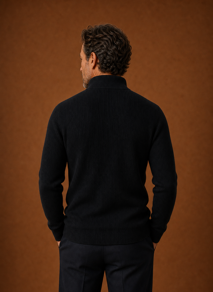 Back view of the quarter-zip ribbed pullover showing the clean hem and knit texture