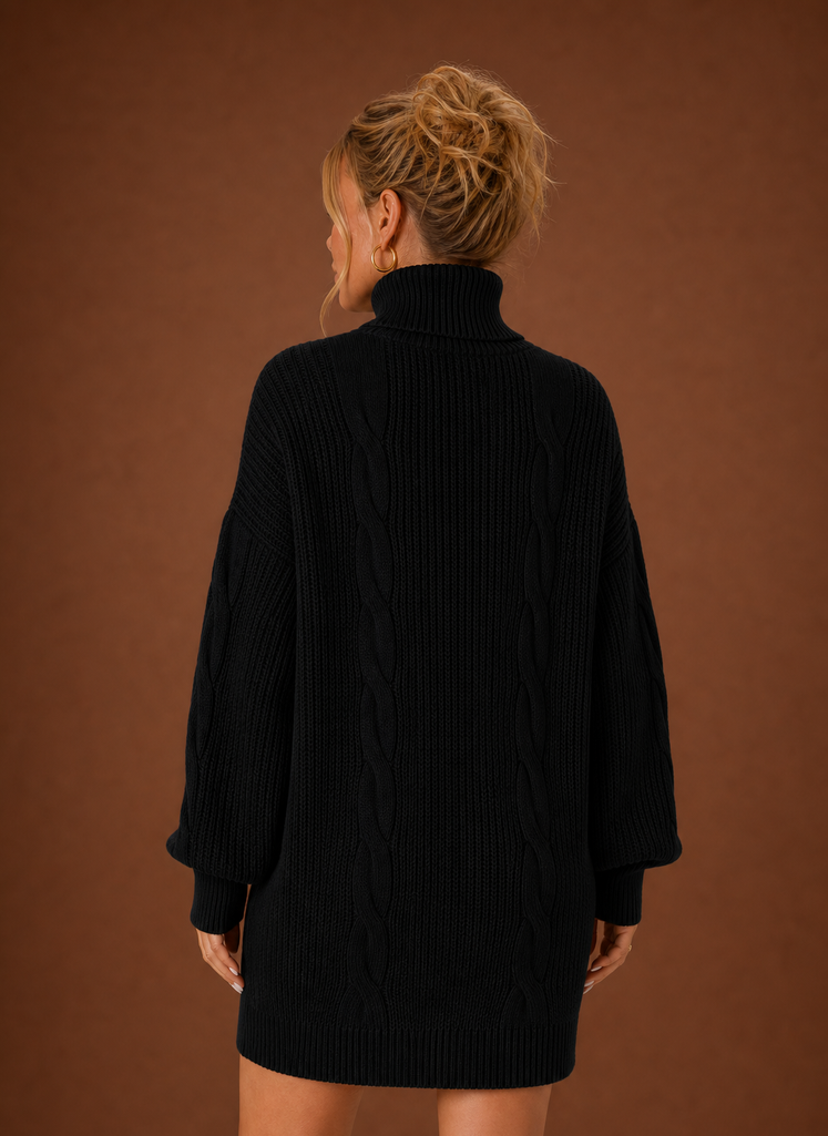 Back view of women's turtleneck sweater dress showing the rear silhouette and neckline