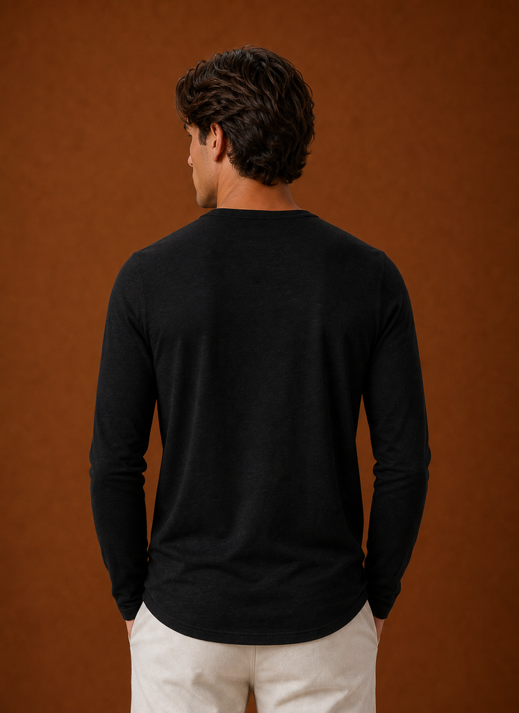 Back view of the men's Henley shirt with a clean, unadorned back panel
