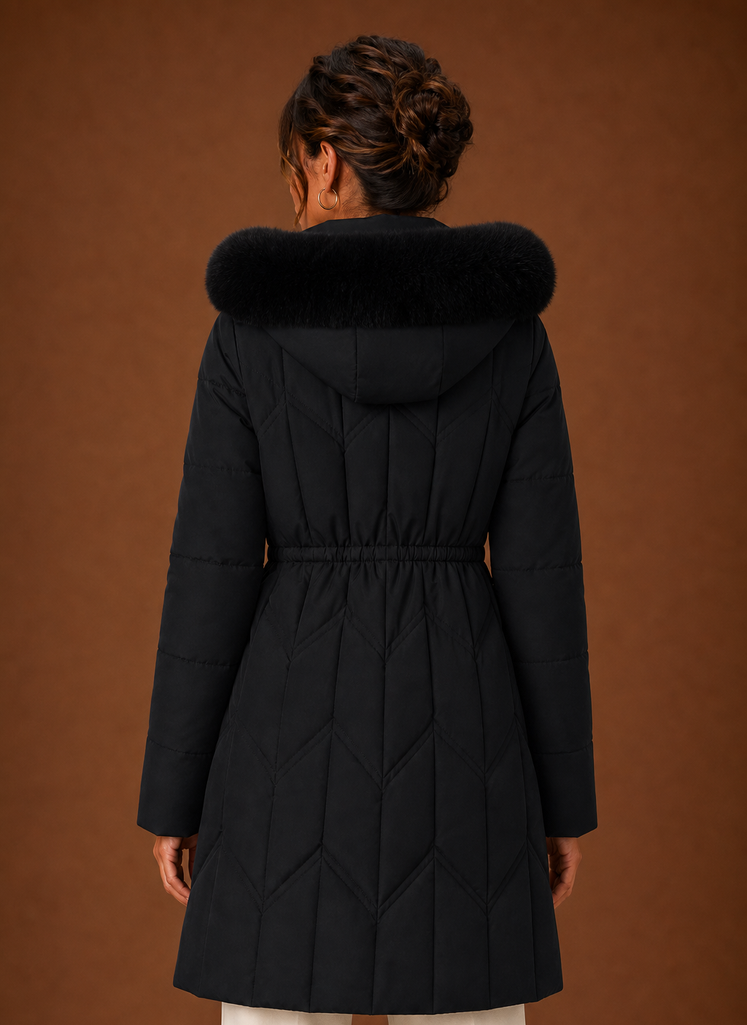 Back view of long puffer coat with hood and full-length coverage