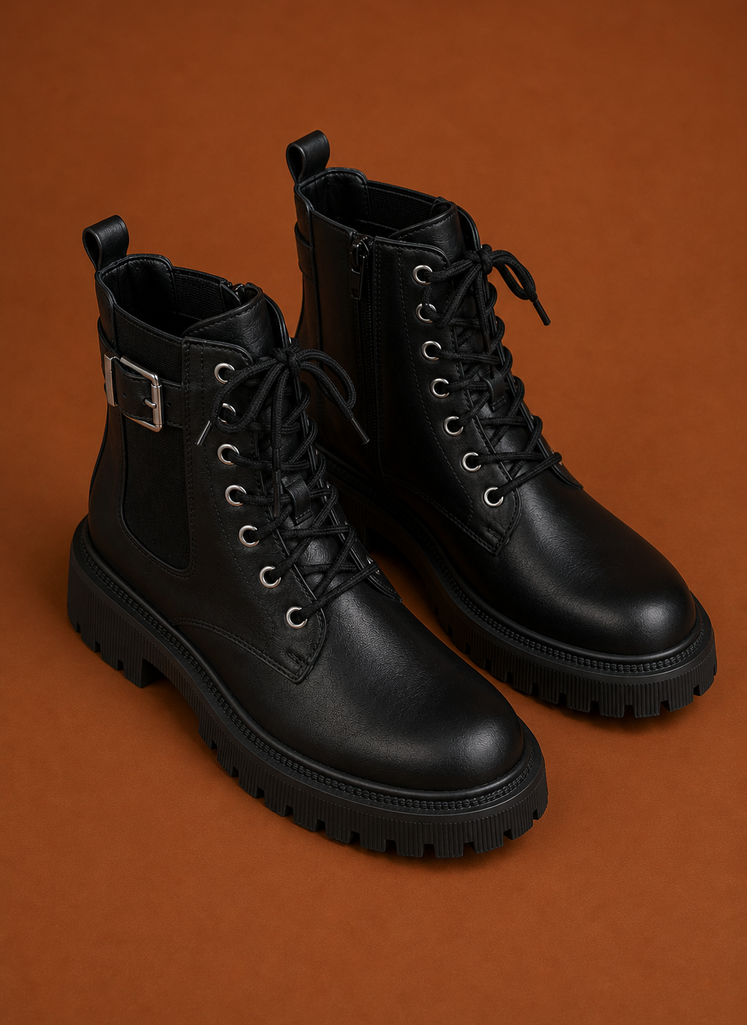 Back view of women's ankle boot showing heel and lug sole profile