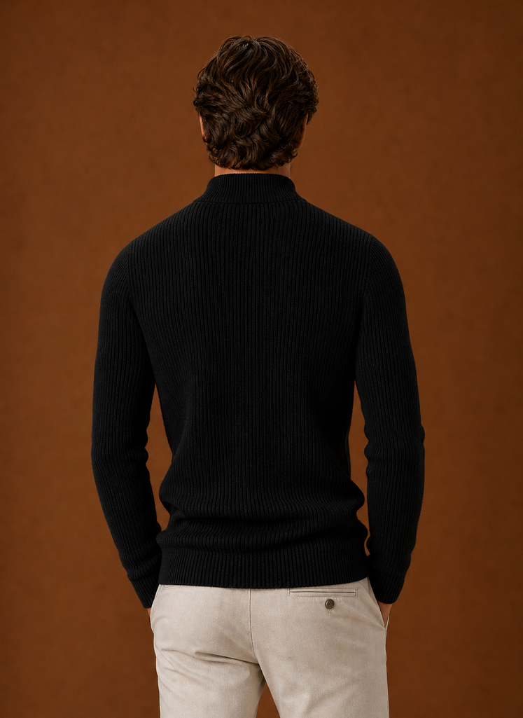 Men's Turtleneck Sweater - Ribbed Roll Neck Knit Pullover back view